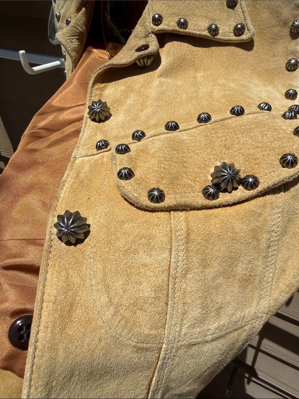 Vintage Arella Leather Carmel soft bigsm studs Western / biker lined pickets S-M - Picture 1 of 17